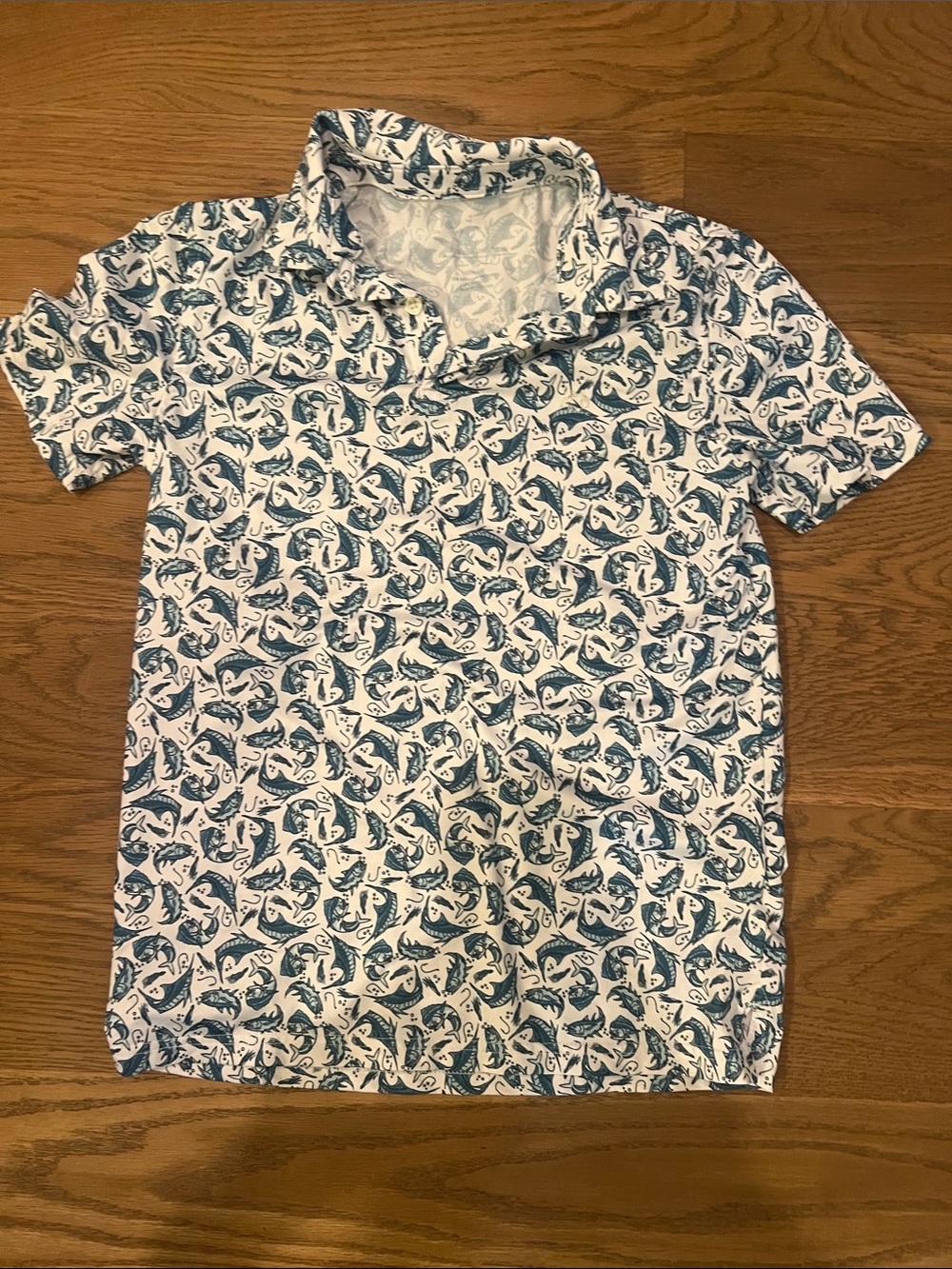 Southern Tide Boys White Polo with Navy Fish Print
